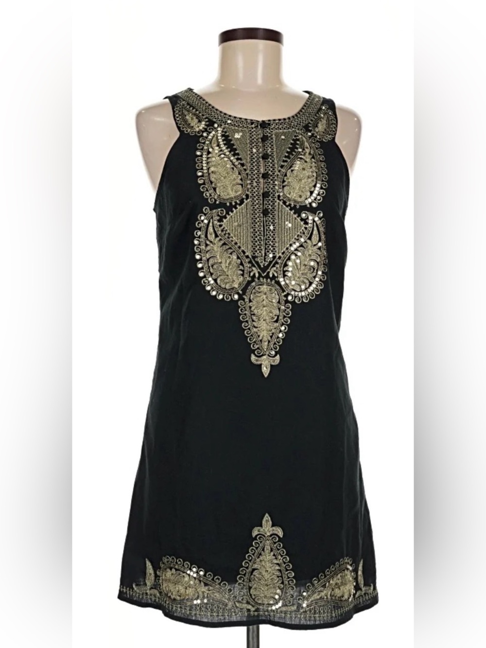 Free People Black Sleeveless Dress with Gold Embellished Sequin Front Size 10